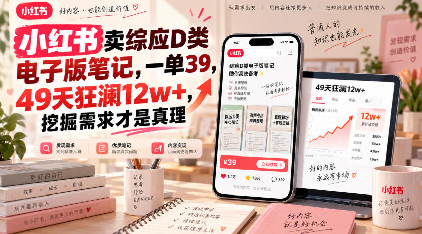 小红书卖综应D类电子版笔记，一单39，49天狂澜12w+，挖掘需求才是真理-cmzhiku