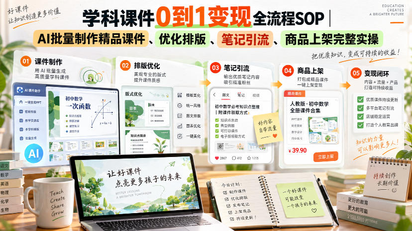学科课件0到1变现全流程SOP｜AI批量制作精品课件、优化排版、笔记引流、商品上架完整实操​-cmzhiku